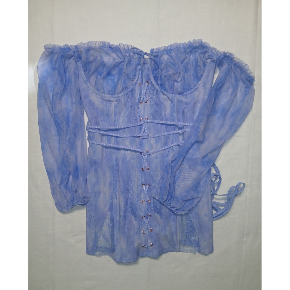 Savage X Fenty Blue Marble Lace Up Corset Mini Dress Sheer Mesh XL - Picture 2 of 13